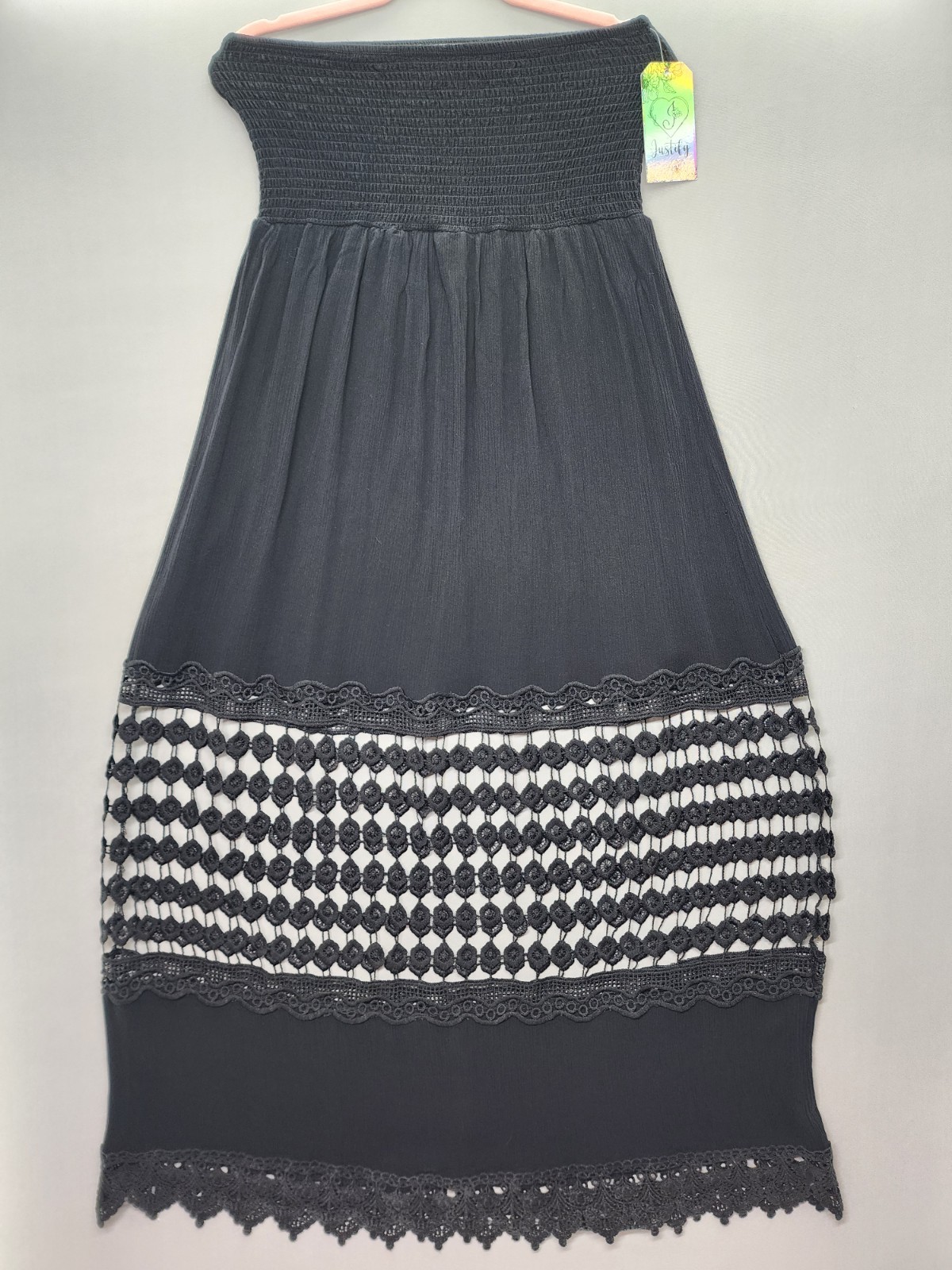 Justify L Black Strapless Smocked Maxi Dress Lace Insert Panel Crochet Lace Boho