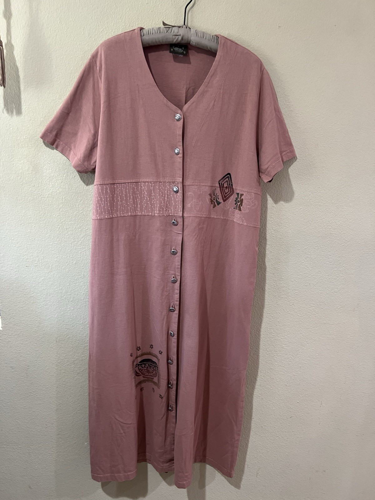 VTG Blue Cactus Dress XL/2XL Tan Maxi Hand Painted Boho Southwestern Y2K f4