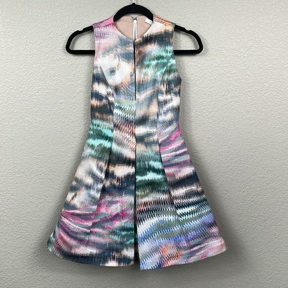 NWT Alexis Matthew Pleated Printed Twill Dress Mini Fit Flare Party Sz XS