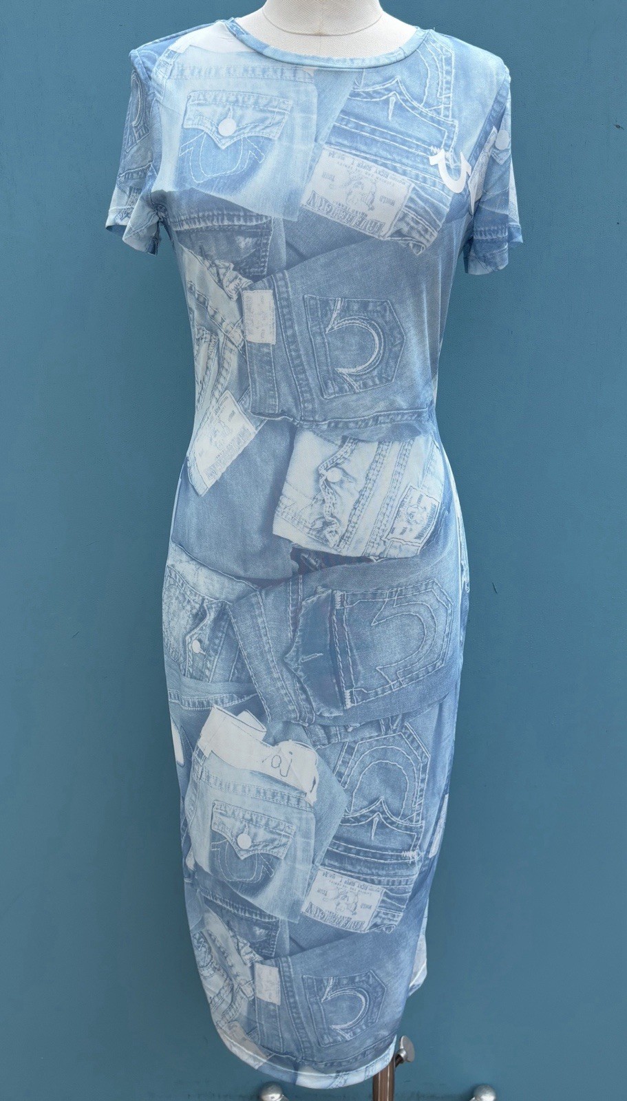 True Religion Women’s Denim Graphic Print Mesh Midi Dress Size X/Large MSRP-109