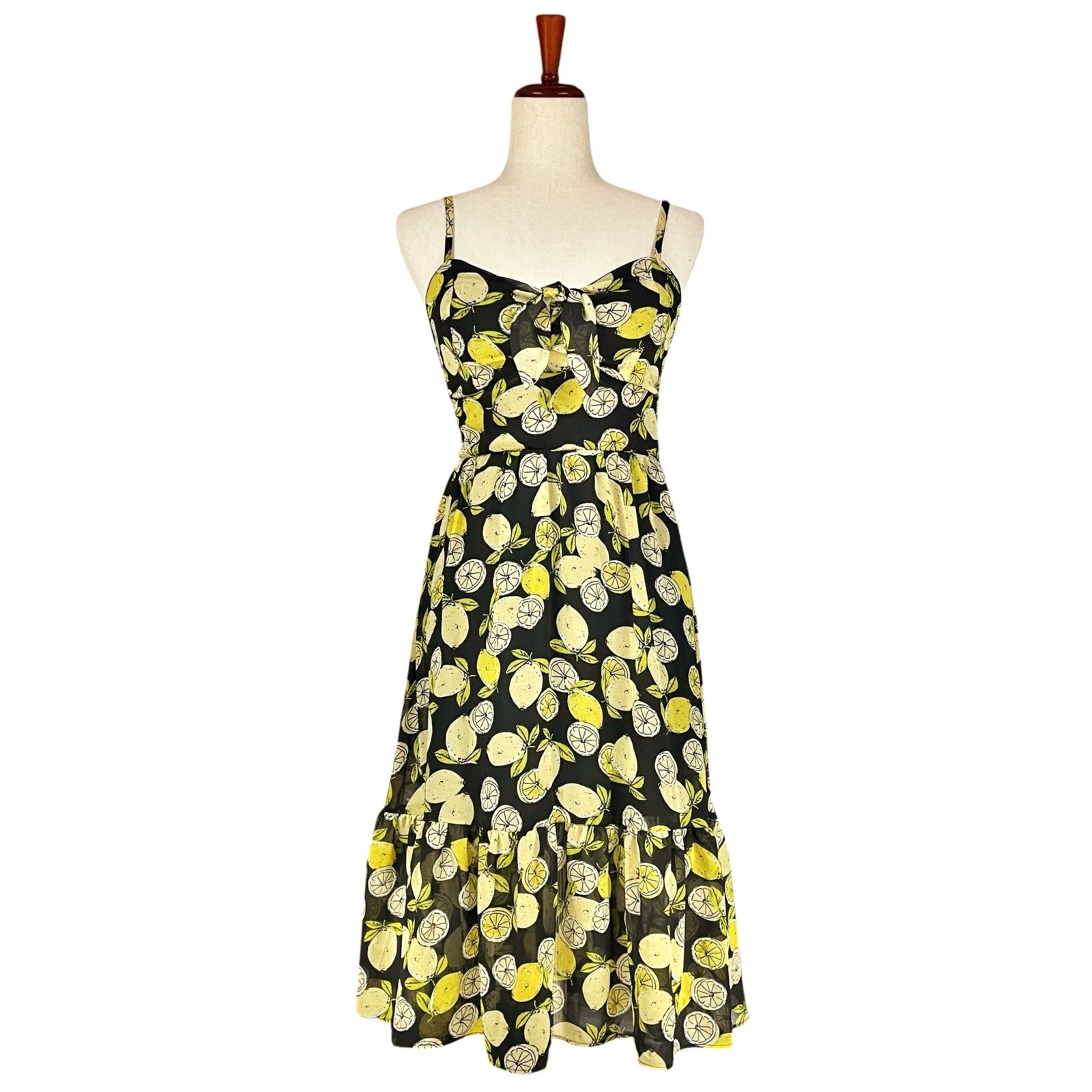 AS U WISH Lemon Print Sleeveless Tie-Front Midi Sundress Size M Black Yellow
