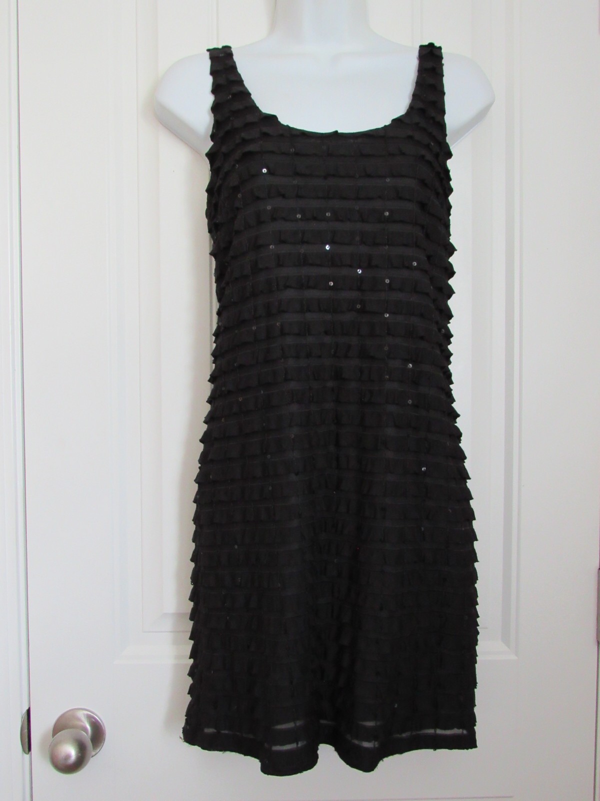 Gibson ~ Sleeveless Scoop Neck Black Ruffle Sequin Short Dress ~ M
