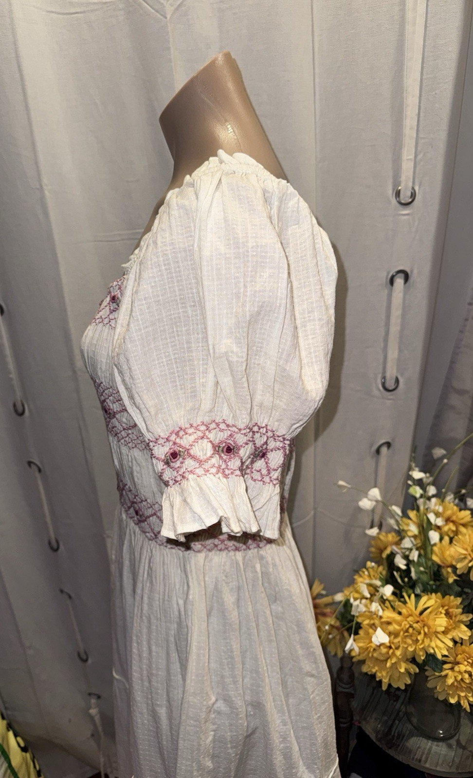 Ivy City Co. Embroidered Smocked Midi Dress Medium Ivory Romantic Cottagecore