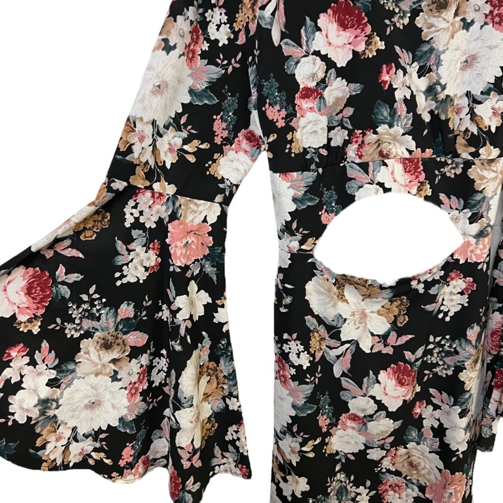 Listicle Mini Dress Large Multicolor Floral Bell Sleeve Cutout Boho Chic Trendy