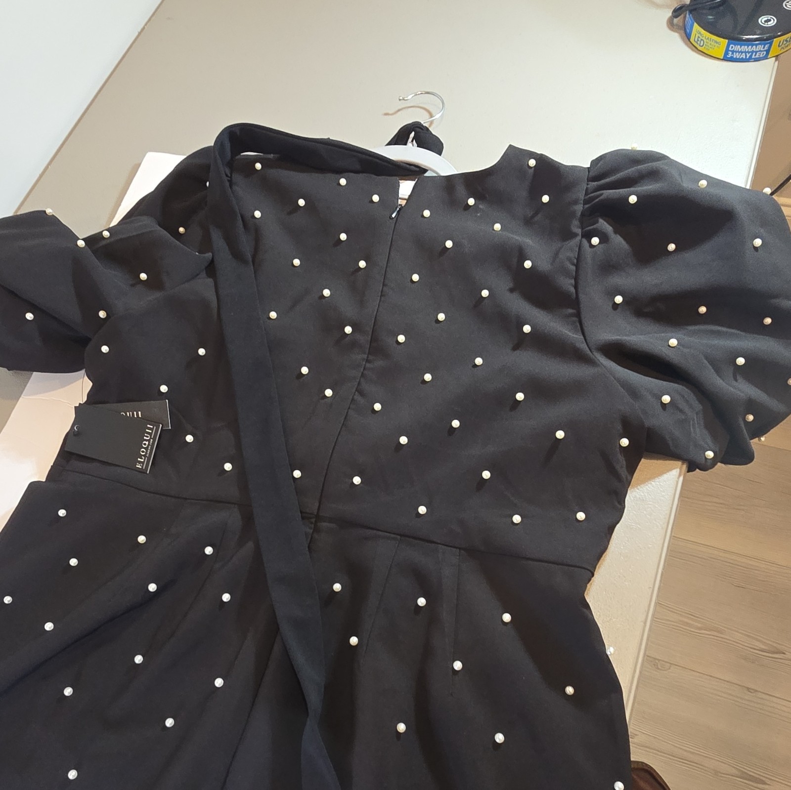 ELOQUII Women’s Size 14 Black Mini Dress Puff Sleeve Pearl Bow Square Neck