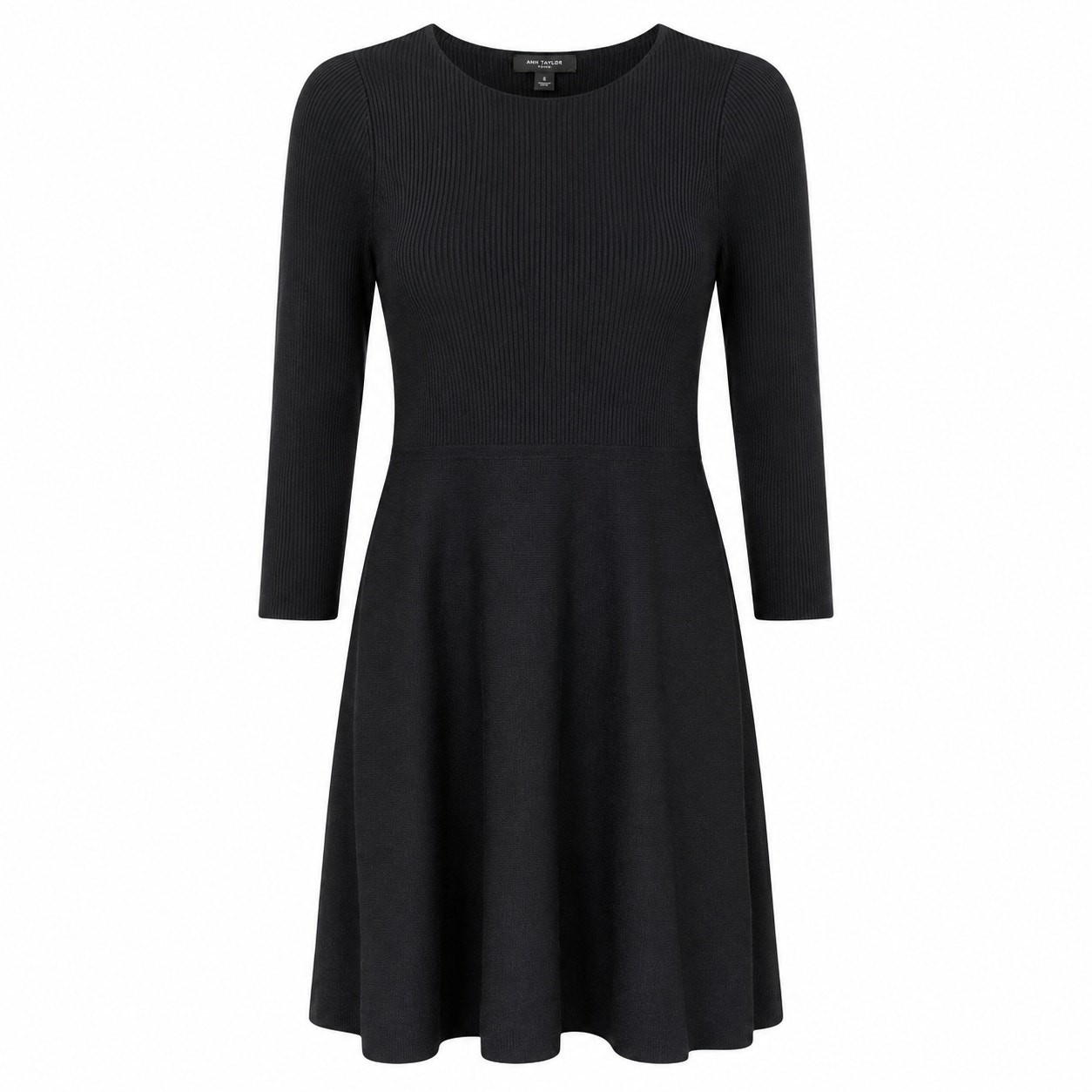 Ann Taylor Petite Merino Wool Sweater Dress Black 3/4 Sleeve Fit Flare MP