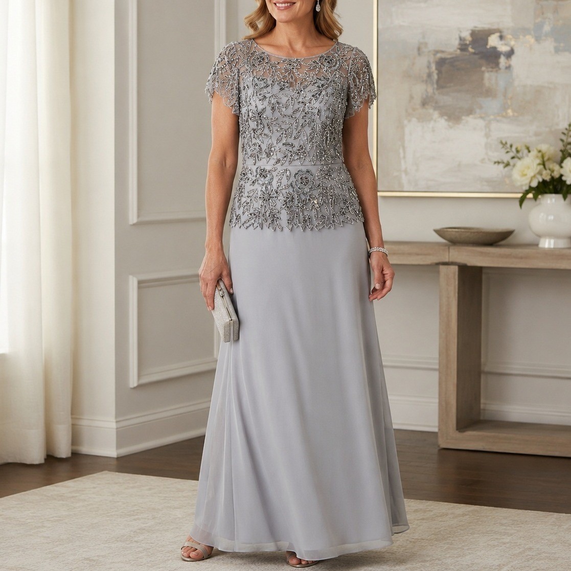 Pisarro Nights Beaded Formal Gown Sz 8 Gray Sequin Floral Mother of Bride Dress