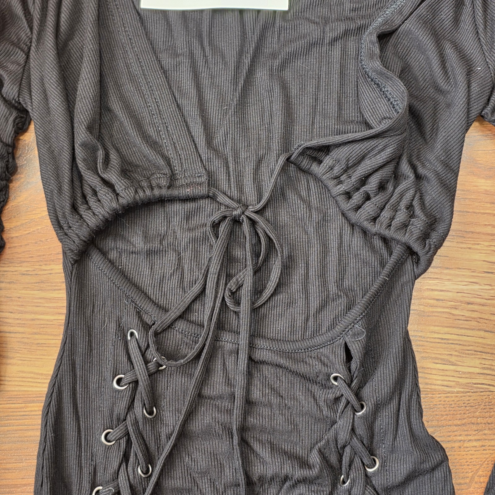 Small Hot & Delicious Black Bodycon Mini Dress Lace-Up Ruched Sleeves Ribbed