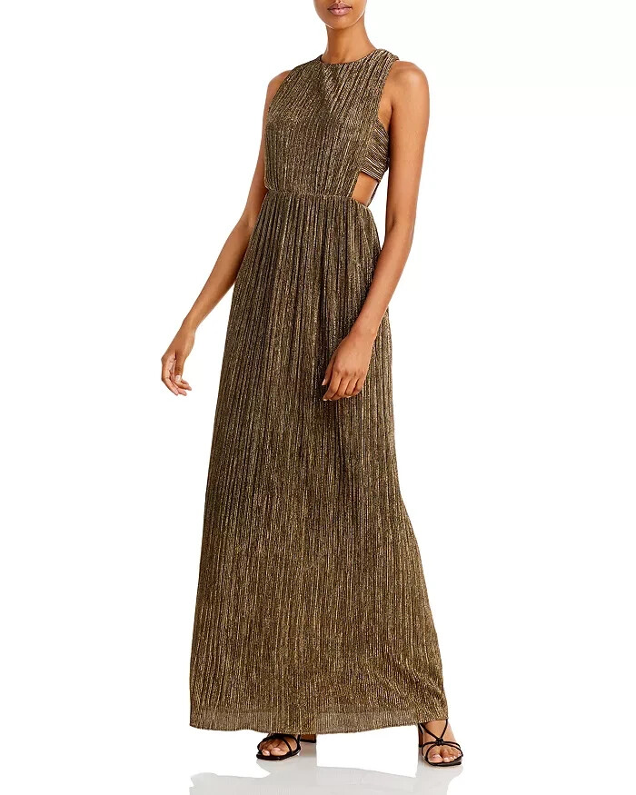 Bcbgmaxazria L64512 Womens Bronze Pleated Metallic Evening Gown Size M