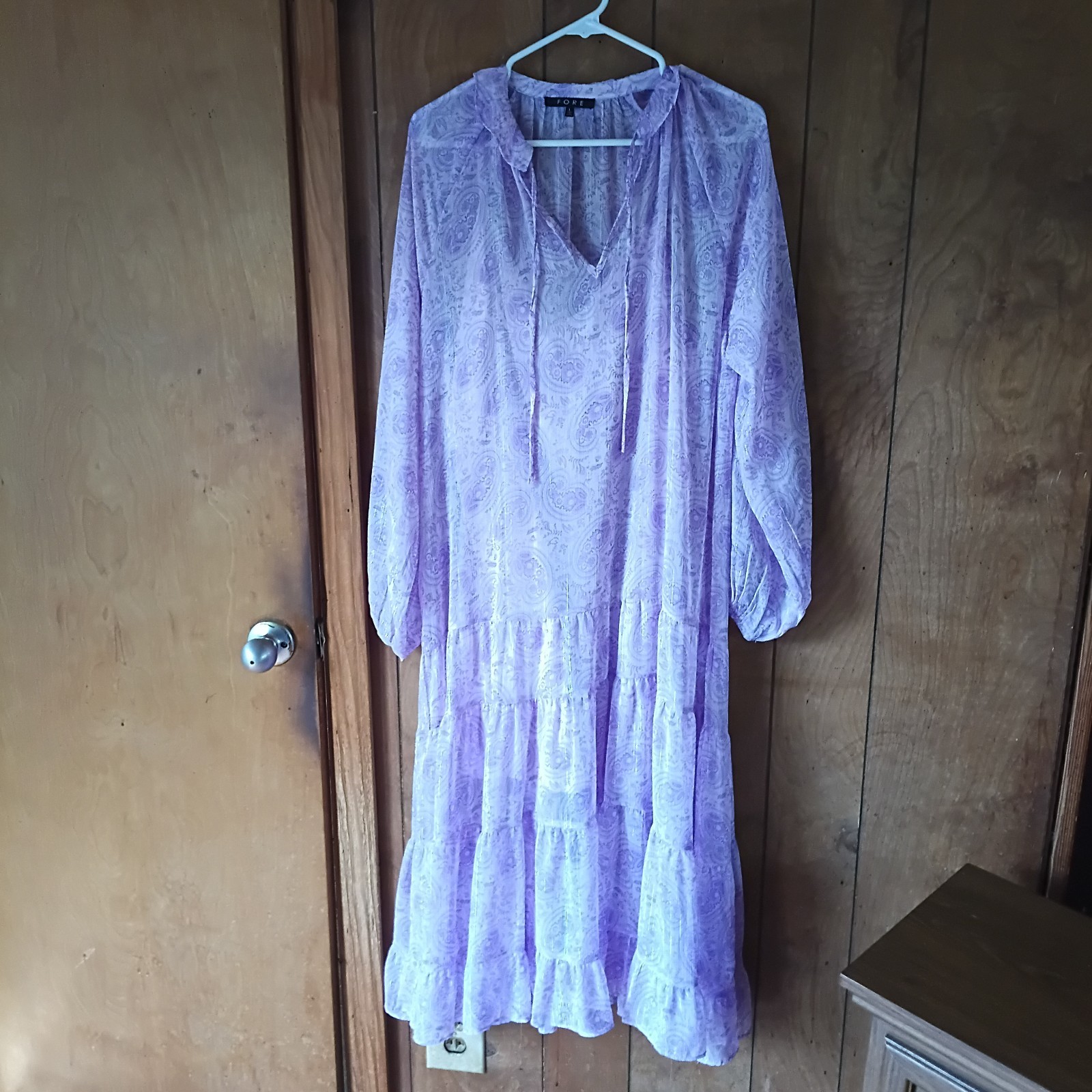 FORE Lavender Boho Tiered Dress Size L Sheer Overlay Lined