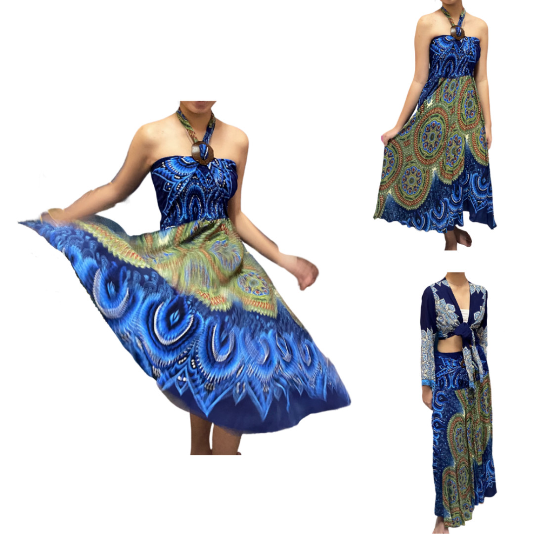 2-Way Boho Peacock Dress Convertible Halter Maxi Dress & Crop Top Skirt Set Blue