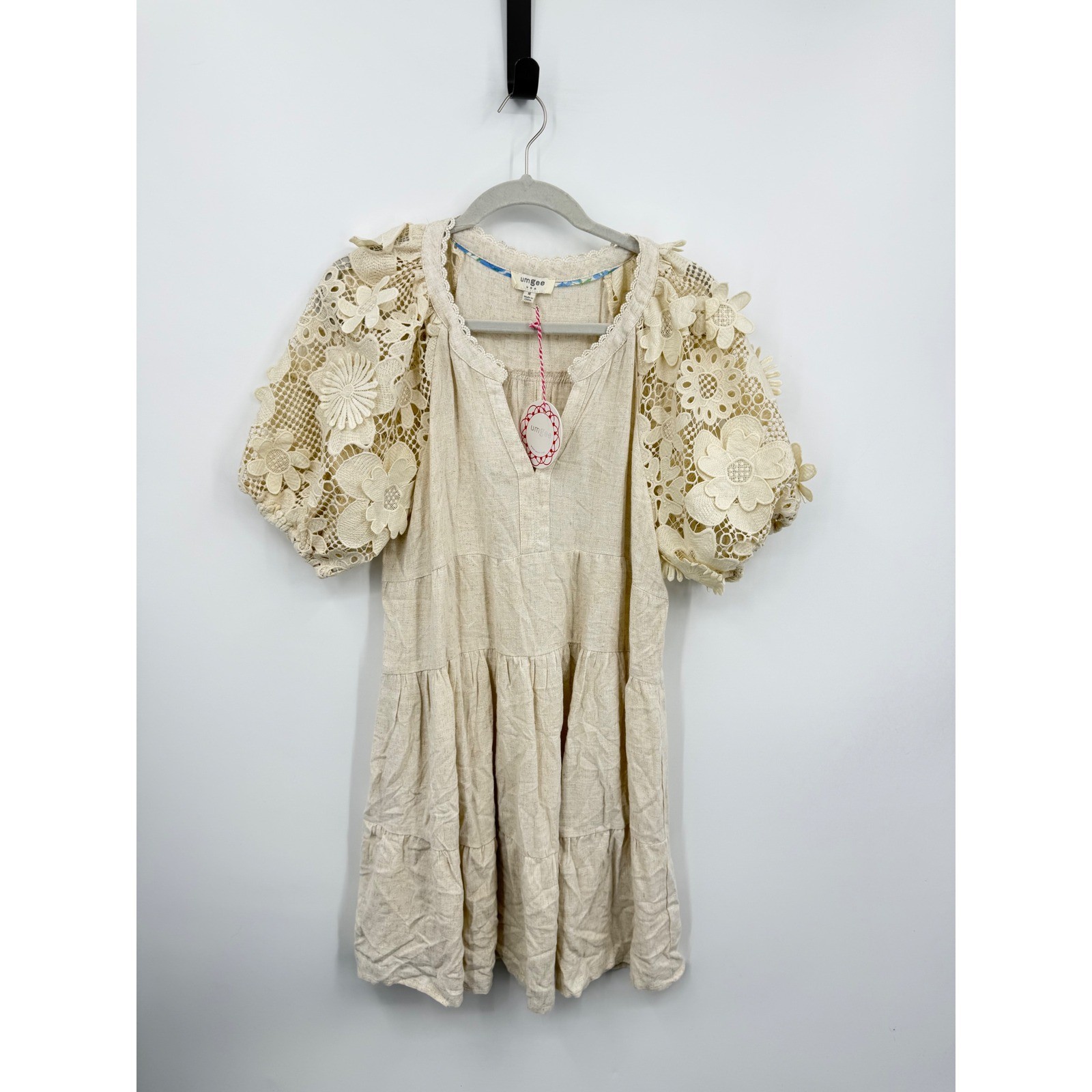 NWT Umgee R0987 Floral Crochet Lace Sleeve Linen Blend Dress Womens M Beige