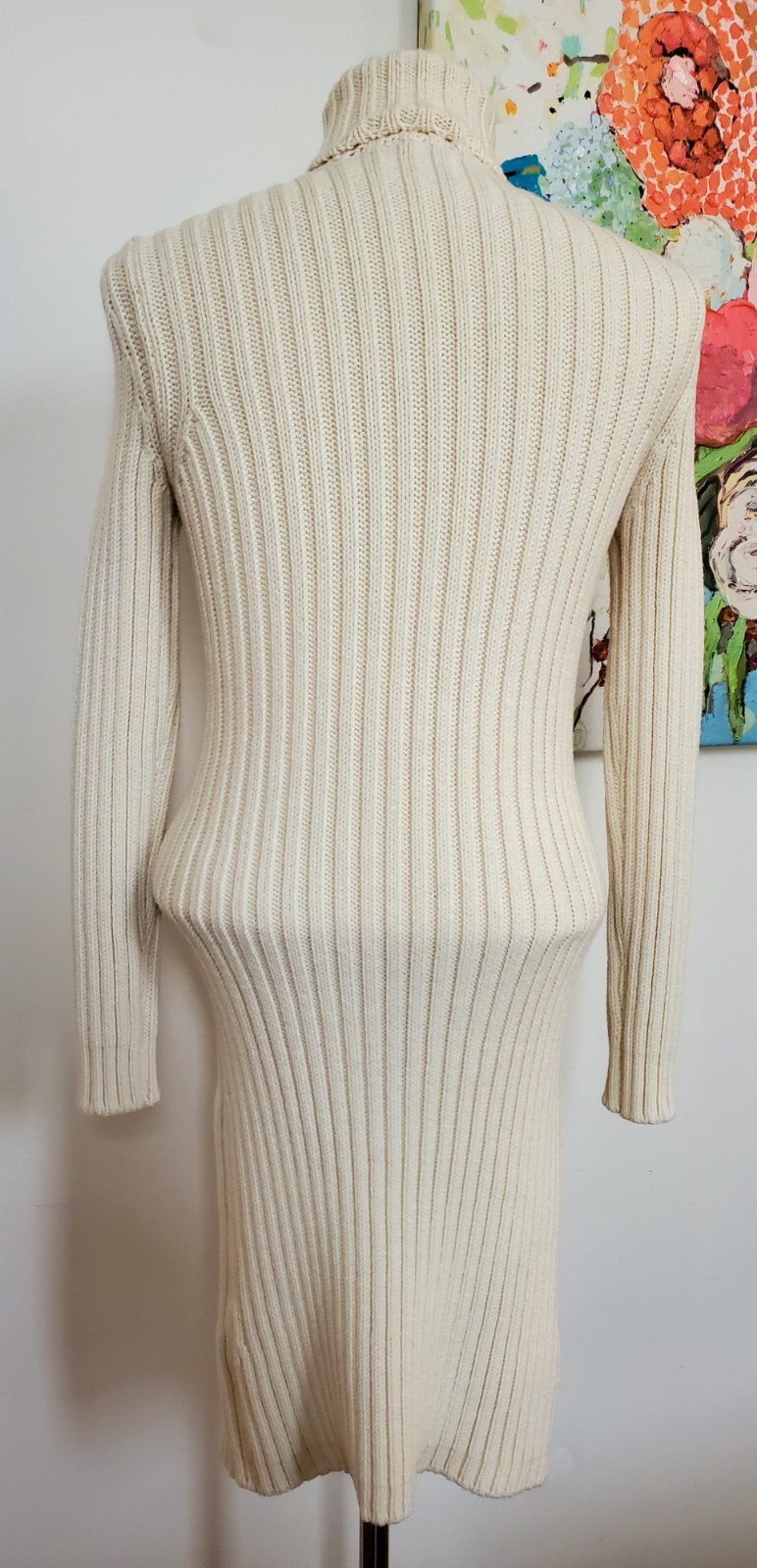 White Cream Cable Knit Turtle/V-neck Chain Thick Bodycon Sweater Dress Size M