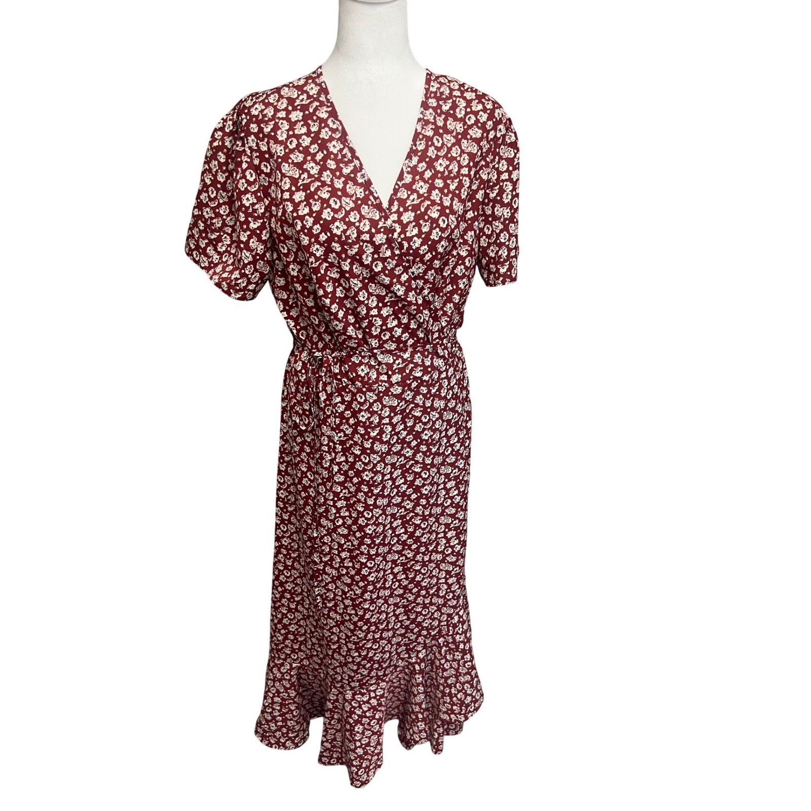 Boho PrettyGarden Wrap Maxi Dress Floral Ruffle Hem Burgundy Sz L Cottagecore