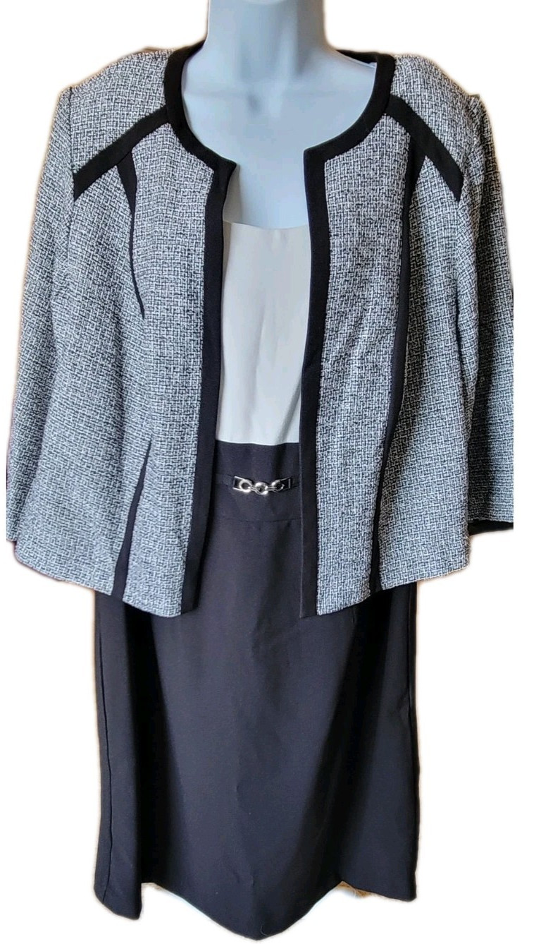 Studio One Women’s 2 Piece Midi Dress Jacket Black Ivory 14 14W *FREE SHIP*