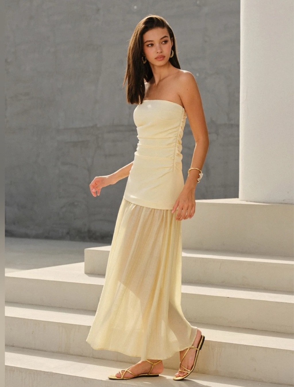 NWT Commense Light Yellow Semi-Sheer Strapless Ruched Maxi Dress M