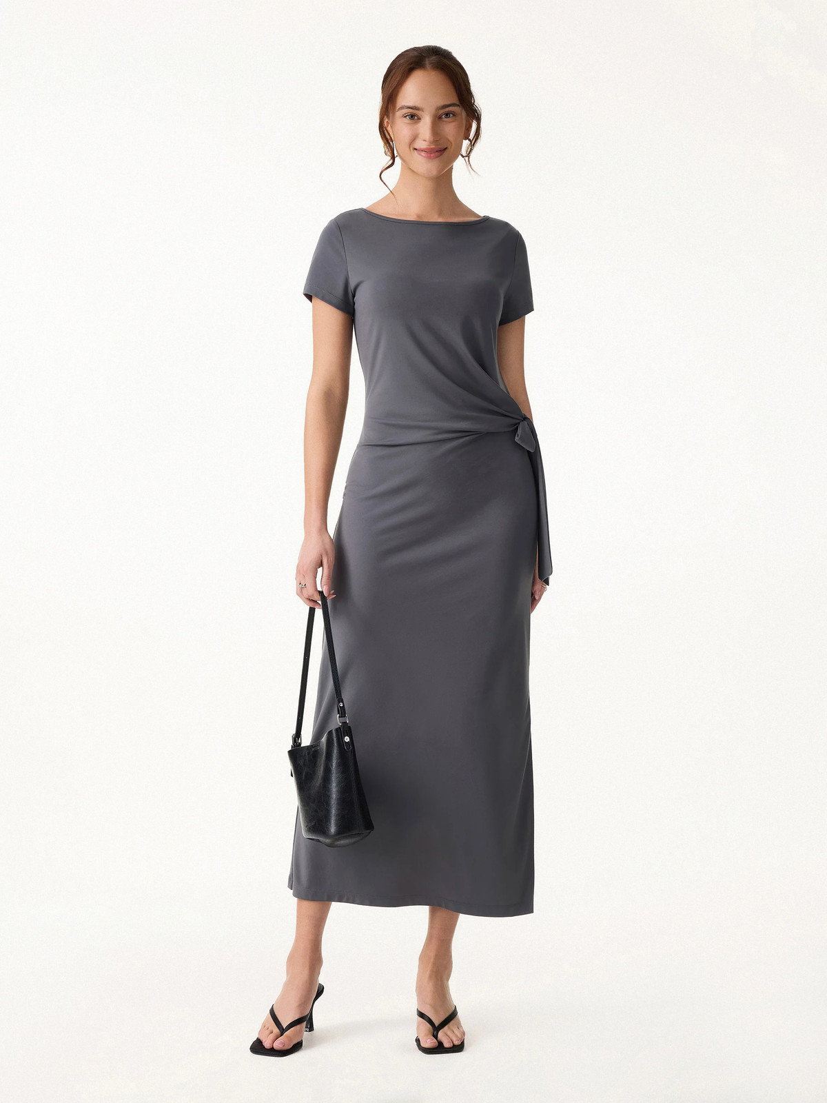 OGL Move Cooling Wrinkle-Resistant Tie Waist Midi Dress with Slit, No I.Port Fee