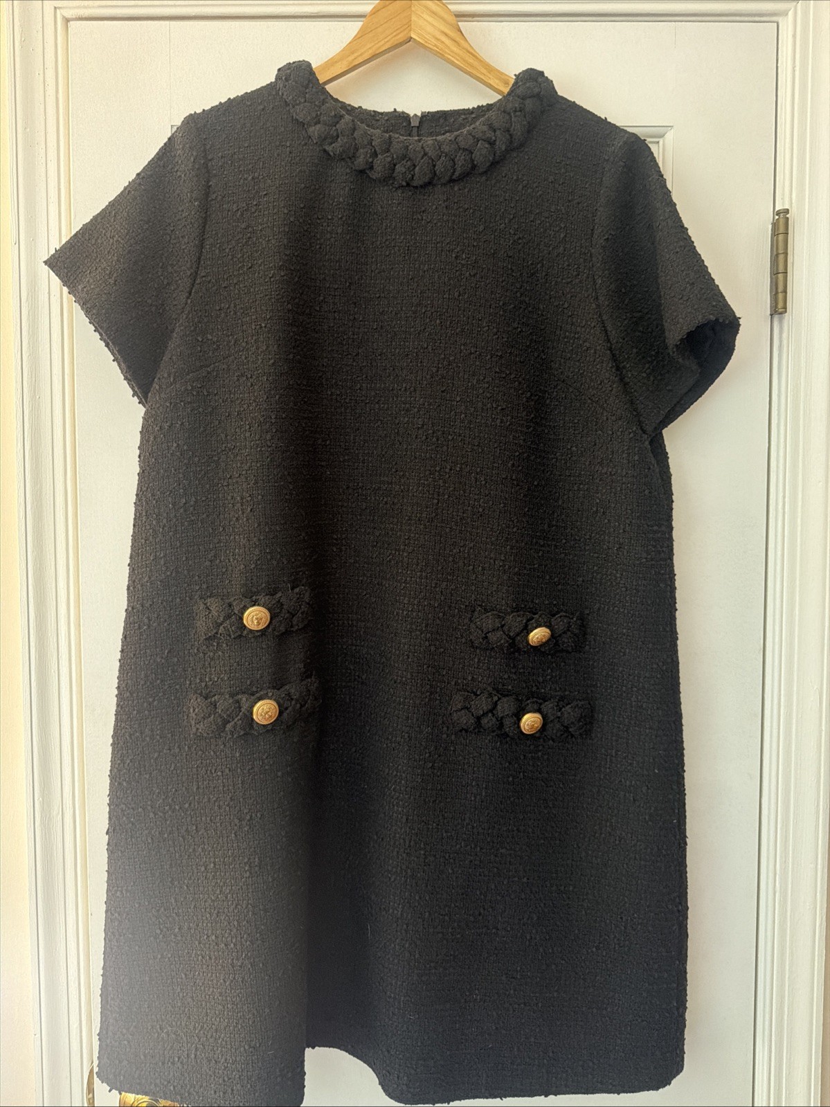 Tuckernuck Shift Dress XXL Black Tweed Jackie Braided Trim Gold Buttons Short
