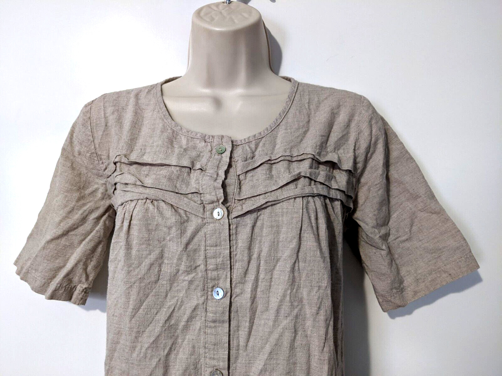 Eco Romantic Women’s Button Front Dress Flax Color Short Sleeve 100% Cotton EUC