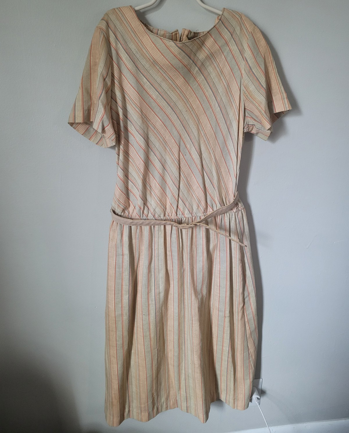 Paul Alfred Ltd Beige Stripe A-Line Knee Dress Round Neck Zip Belted M !Stain!!