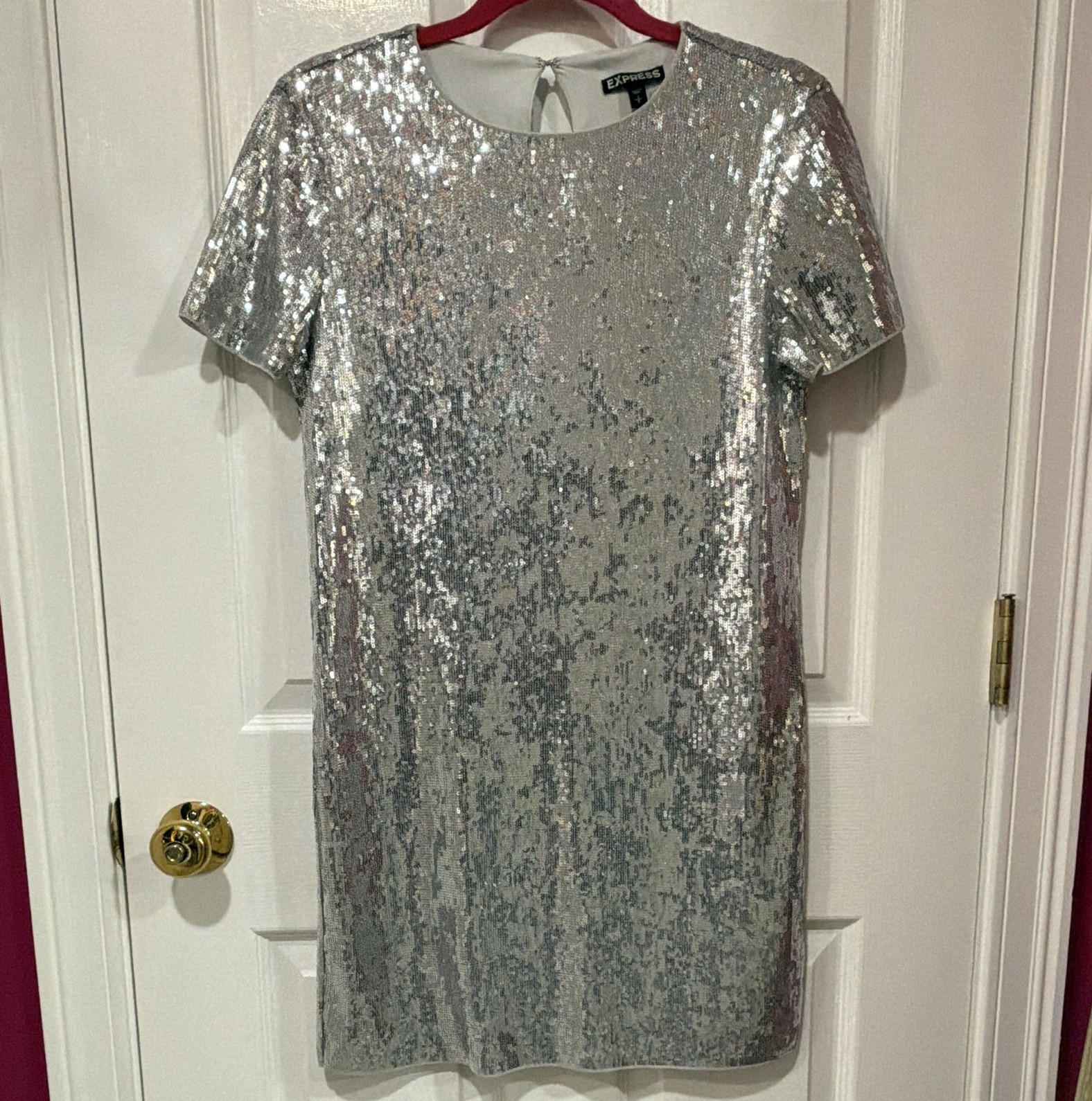 Express Silver Sequin Mesh Shift Dress Round Neck Short Sleeve Party Size S