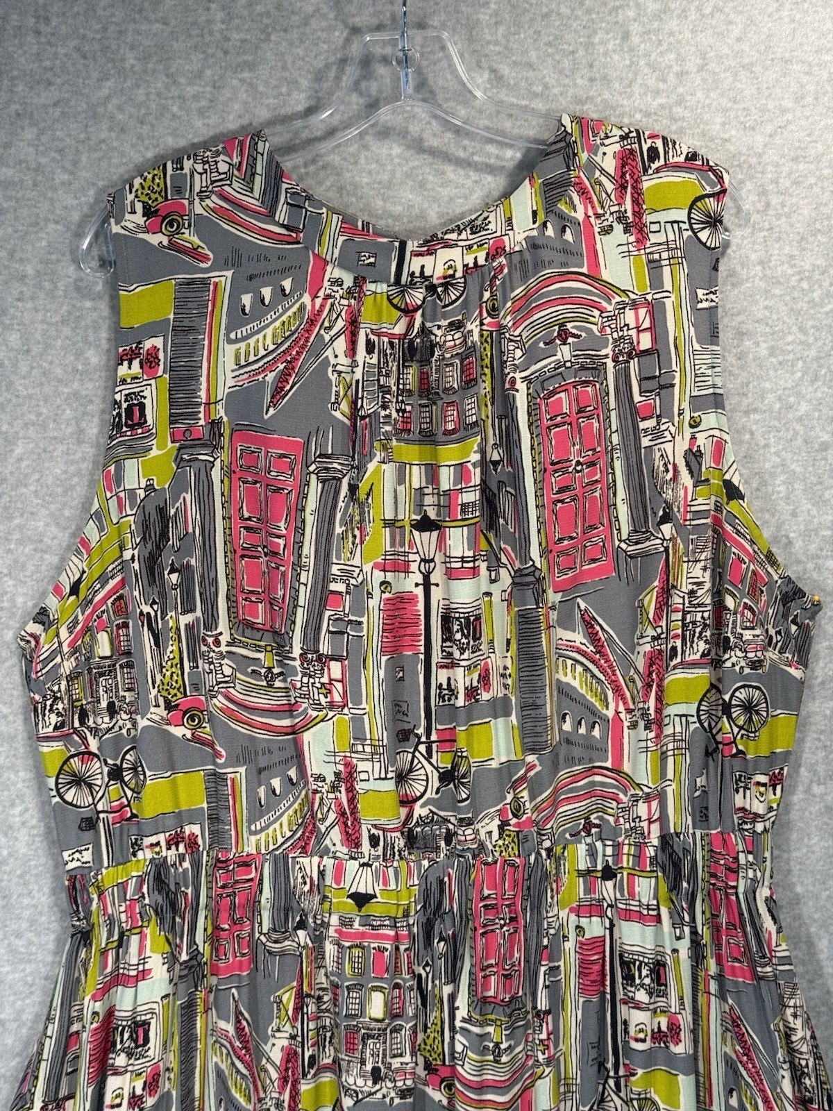 Boden WH873 Sleeveless City Print Dress size 3XL/22W Pink Grey Chartreuse Midi