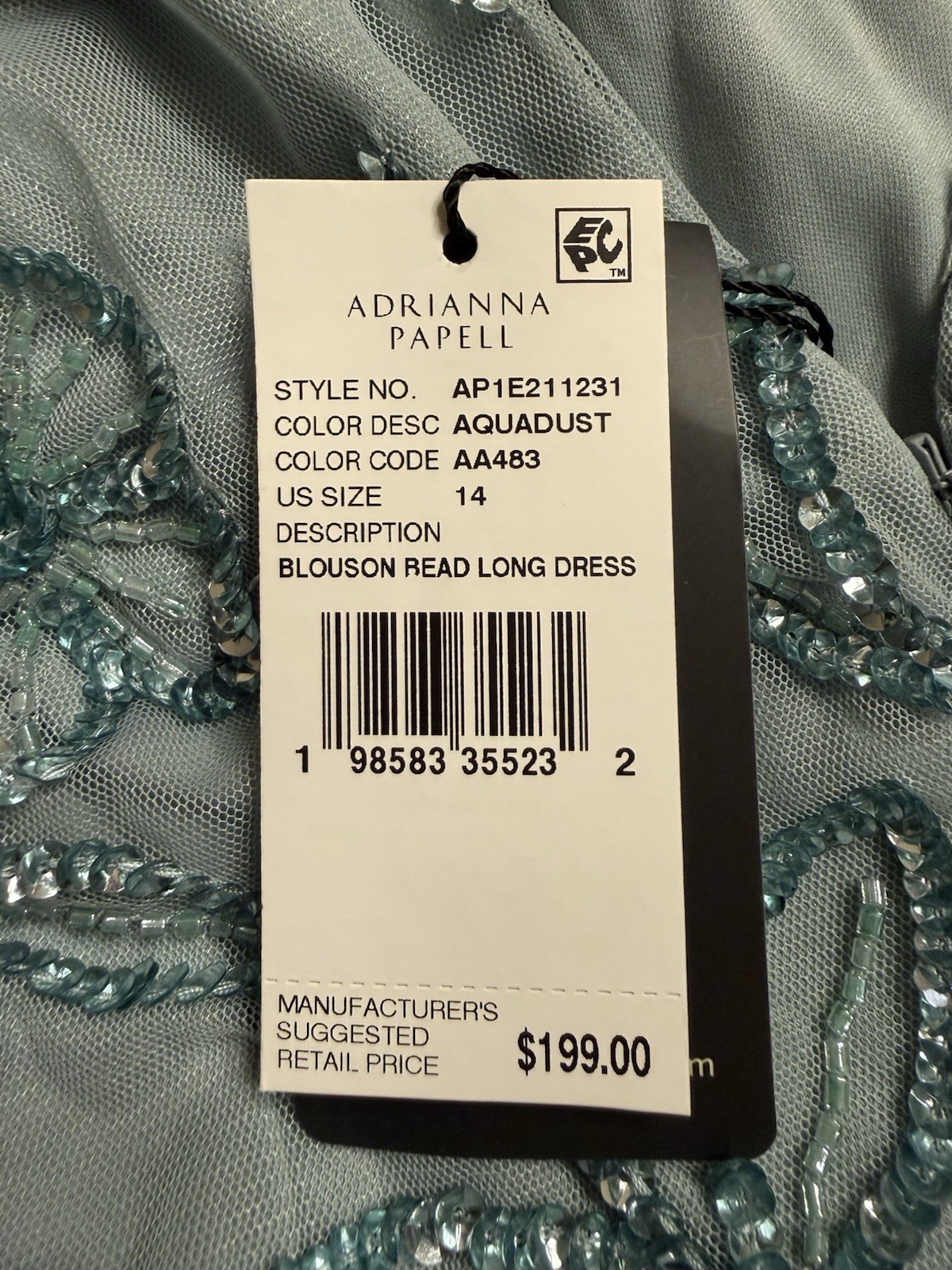 Adrianna Papell Blouson Beaded Long Mermaid Gown Size 14 Aquadust NWT $199
