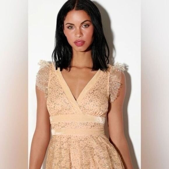 Lulus Stunning Love Nude and Gold Glitter Tiered Midi Party Cocktail Dress Small