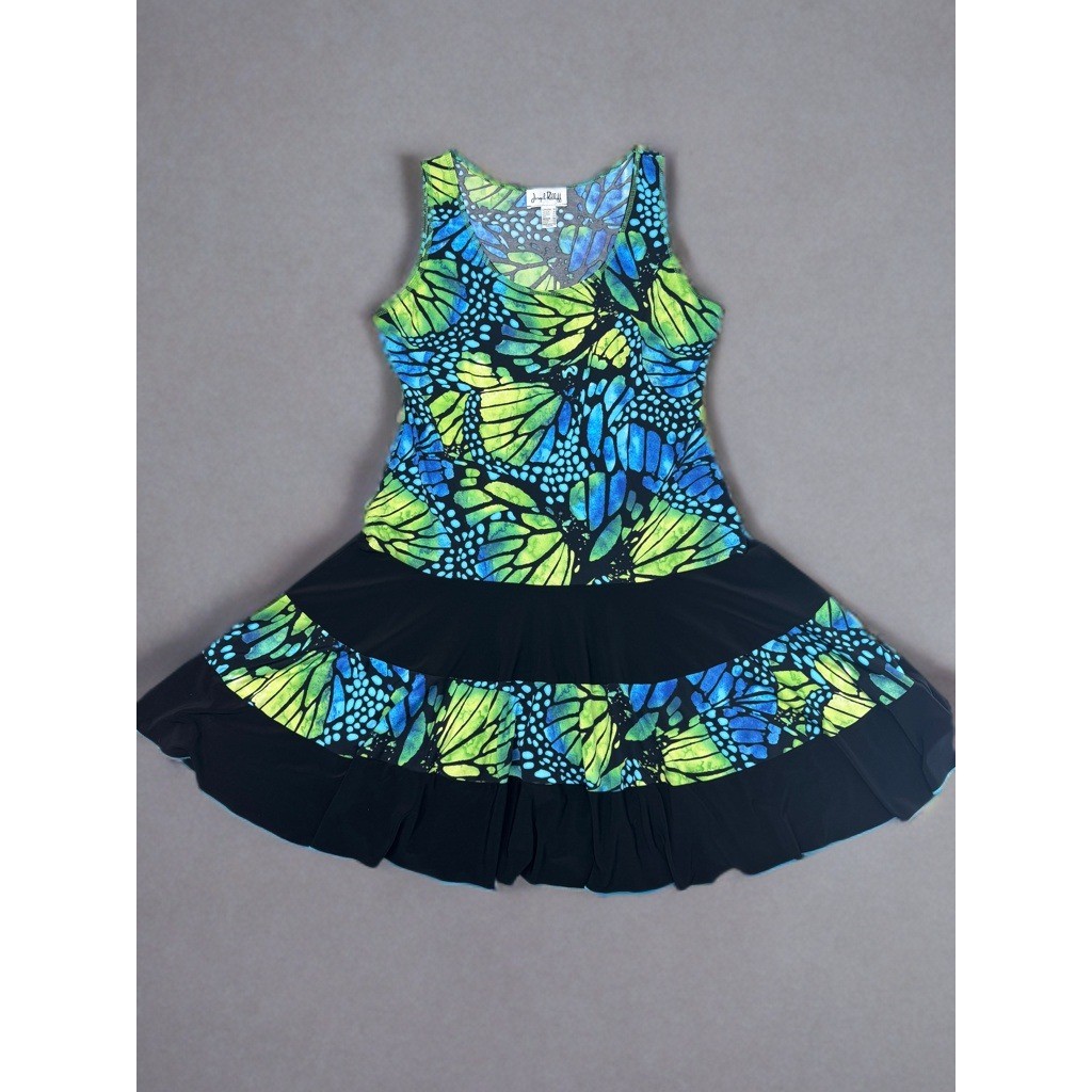 Joseph Ribkoff Butterfly Print Trapeze Dress Plus Sz 14 Blue Green Black Tiered