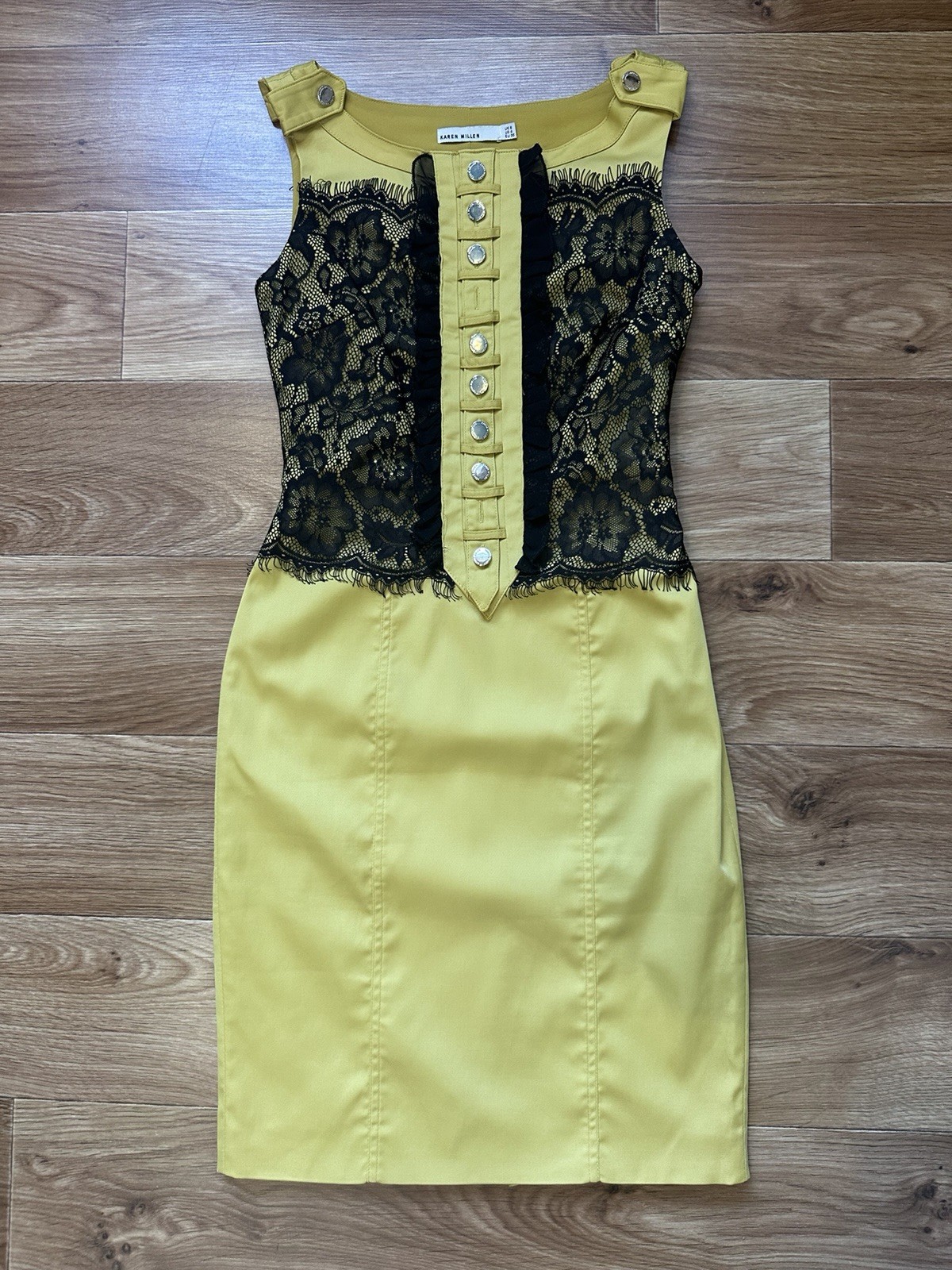 Karen Millen Mustard Yellow Black Lace Overlay Sleeveless Sheath Dress UK 8 US 4