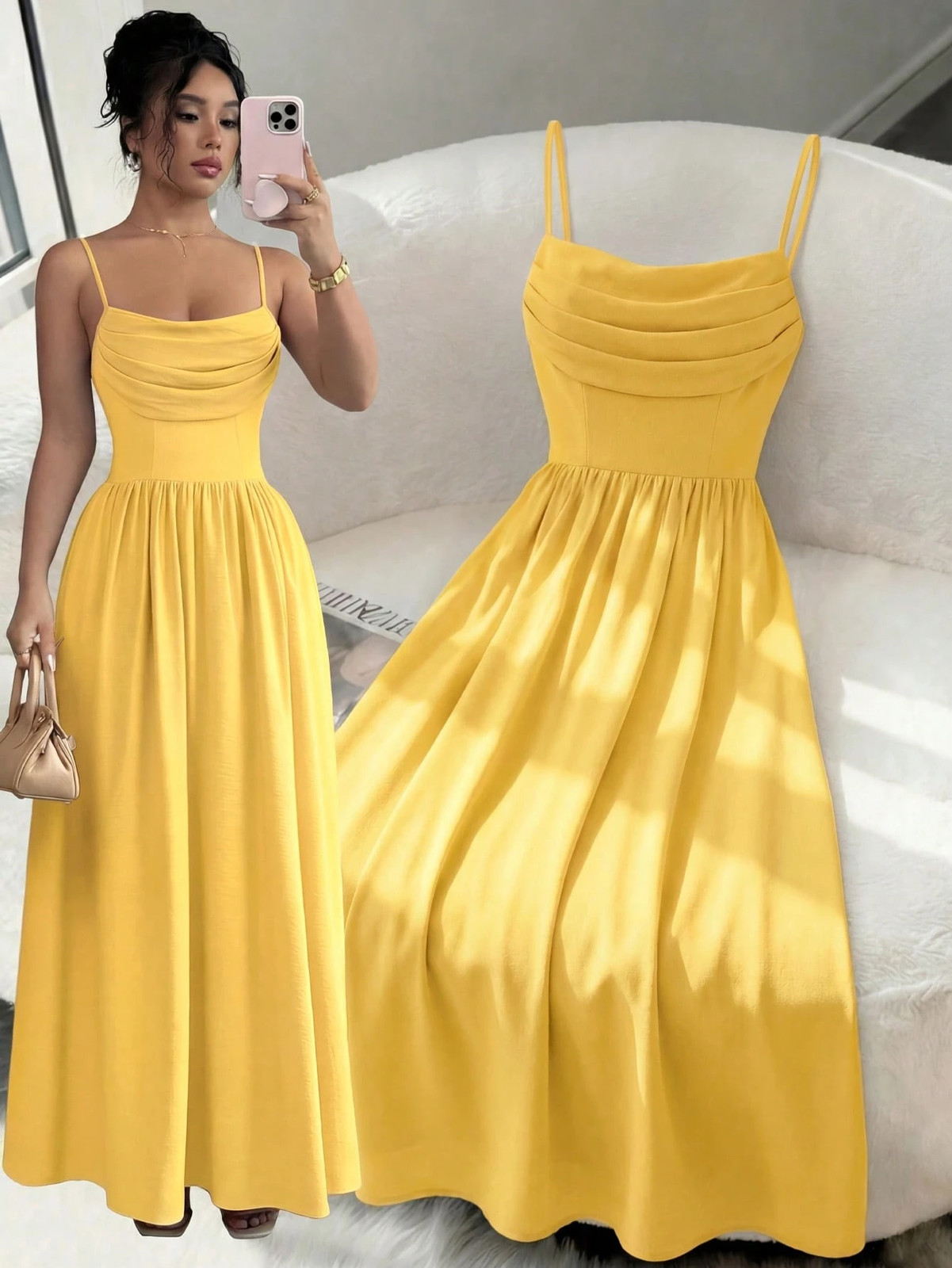 Elegant ladies’ chiffon dress in light yellow with spaghetti straps