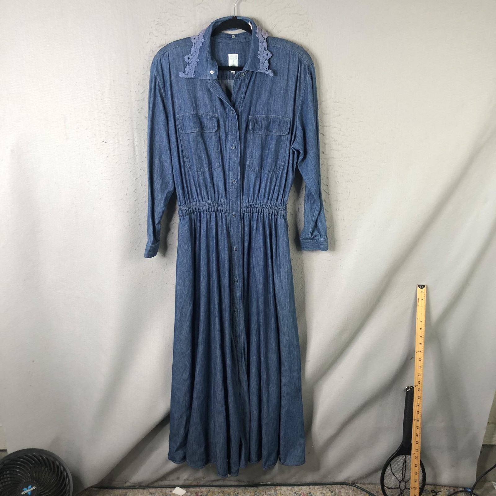 Western Denim Dress Womens L Blue Maxi Crochet Collar Boho Farmhouse Modest