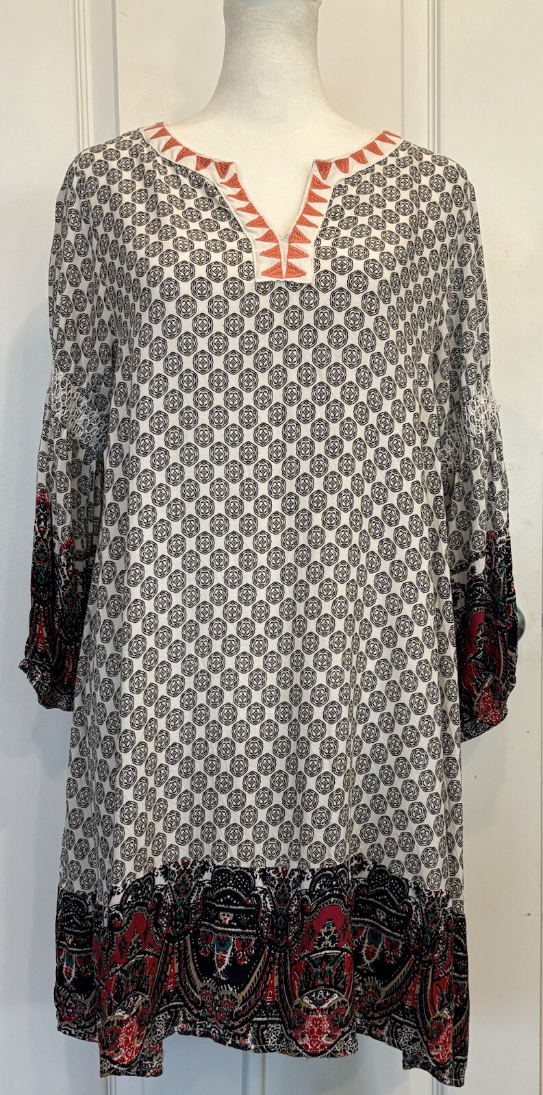 UMGEE Womens Dress Small VNeck 3/4 Sleeve Bohemian Whimsical Peasant Folk Tribal