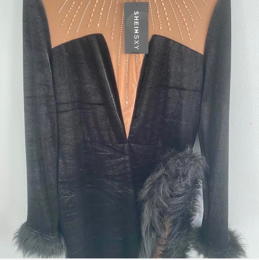 SHEIN SXY Fuzzy Trim Mesh Insert Velvet Bodycon Dress Brand New with Tags, too