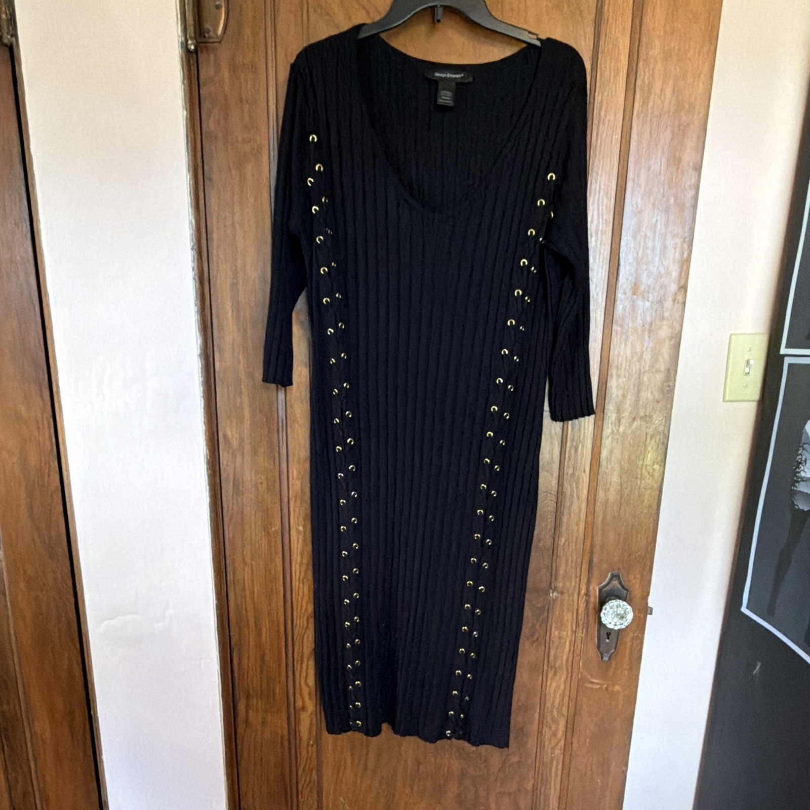 Ashley Stewart Women Plus Black Ribbed Knit V-Neck Lace-Up Midi Dress 14/16W