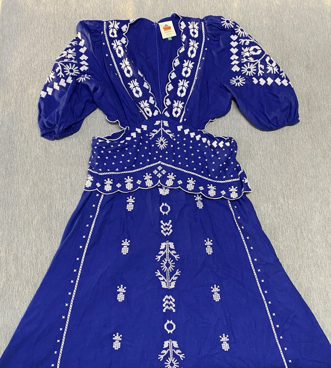 Farm Rio Dress Womens Large Blue Embroidered Puff Sleeve Cutout Midi Linen Blend