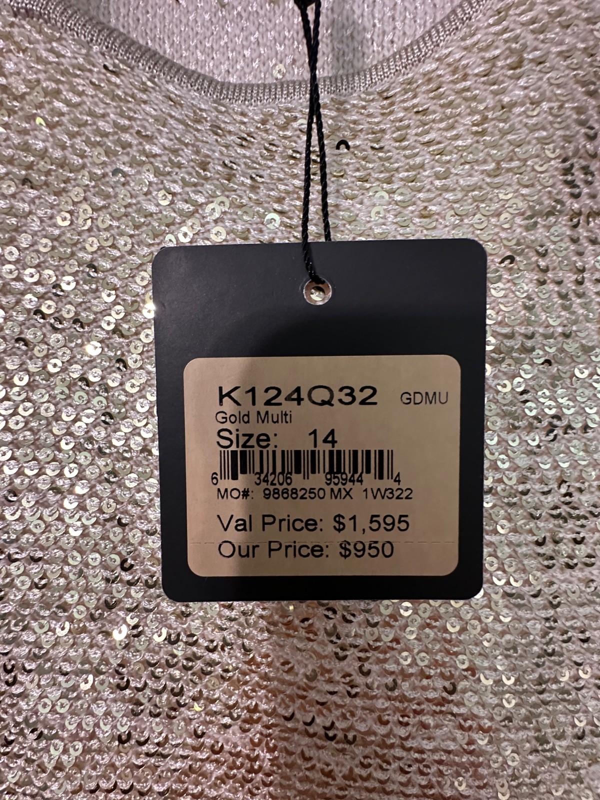 NWT St. John Gold Asymmetrical Neck Sequin Knit Cocktail Dress Size 14 MSRP $950