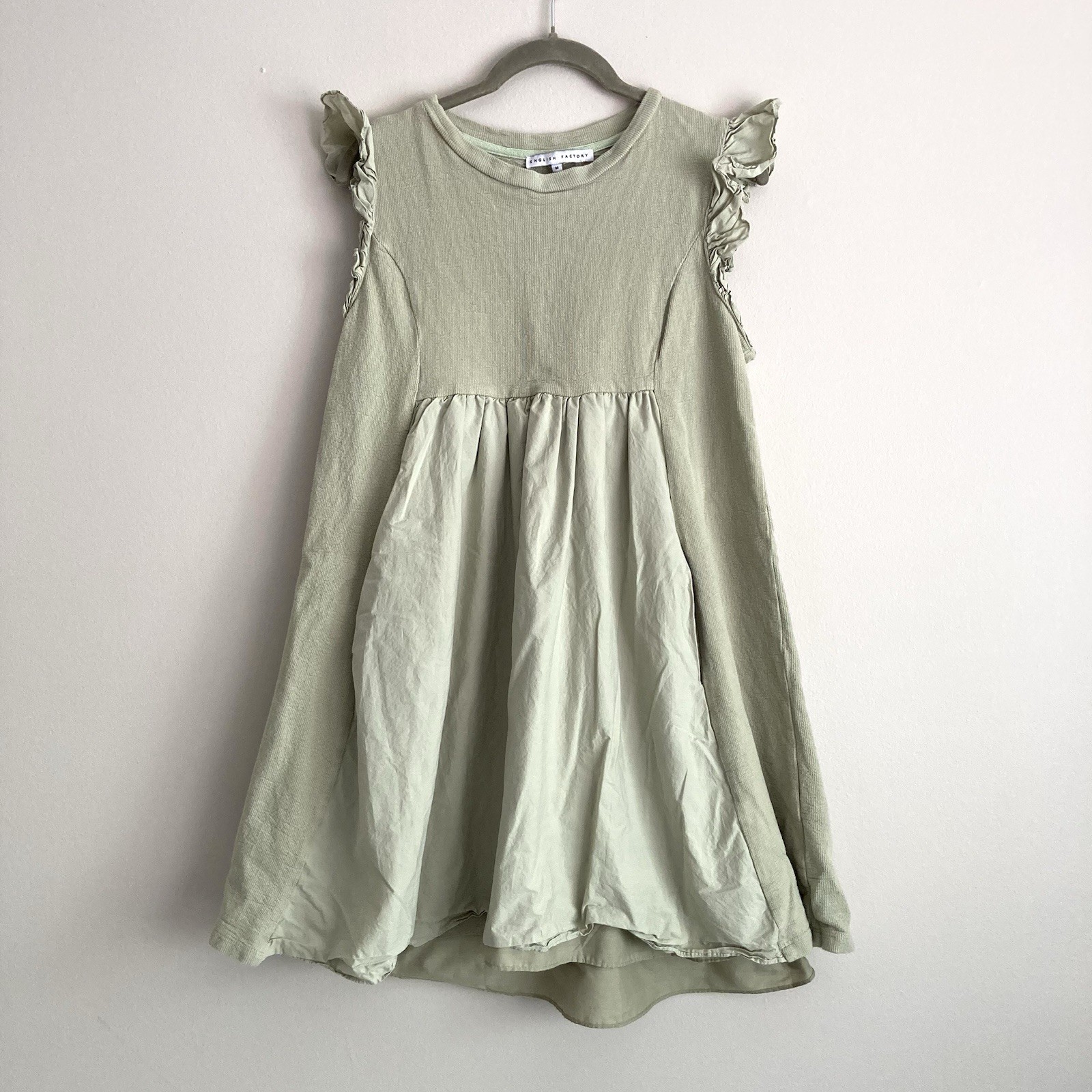 English Factory Mixed Media Ruffle Sleeve Sage Mini Dress Size Medium Dainty