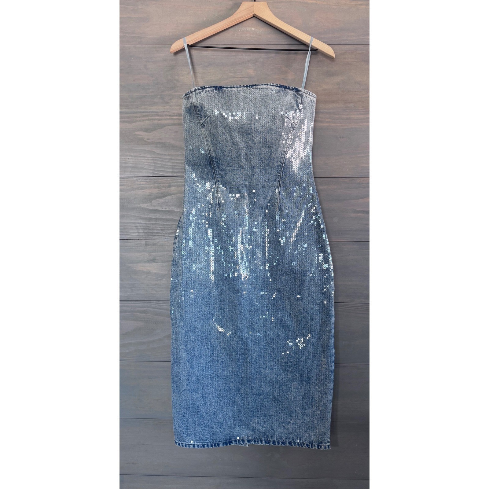 GRLFRND Sequin Strapless Denim Midi Dress Light Wash Blue GF4576-S24 Size Medium
