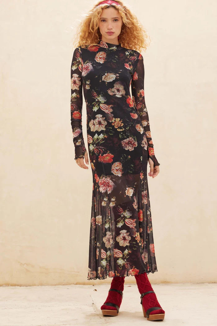 NWT $89 PROMESA Coming Home Heritage Blossoms mock maxi dress – Black Floral – S