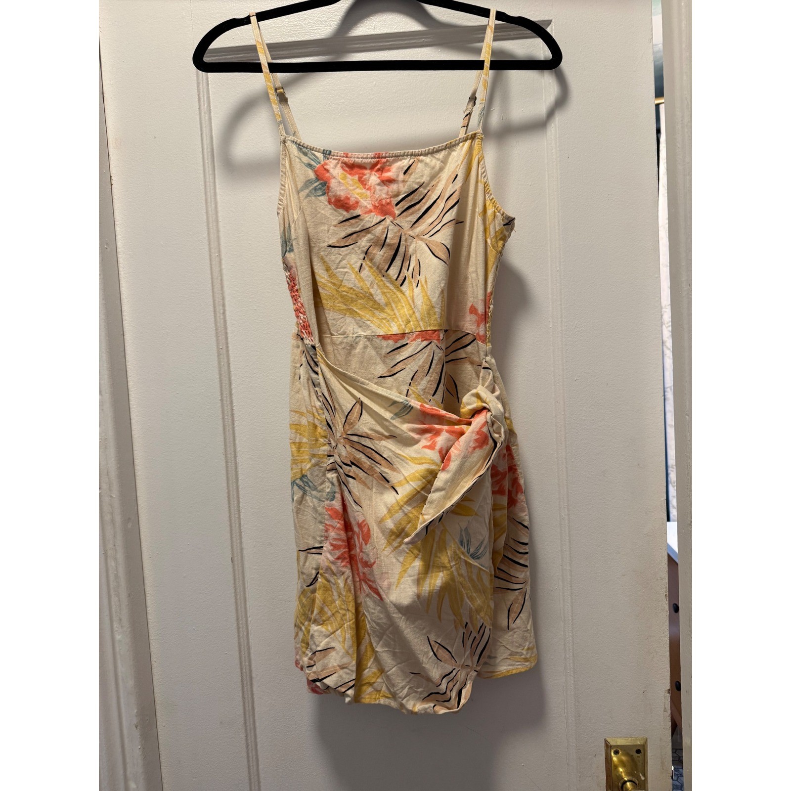 Tropical Floral Linen Blend Faux Wrap Mini Dress Cream Coral Yellow Summer S