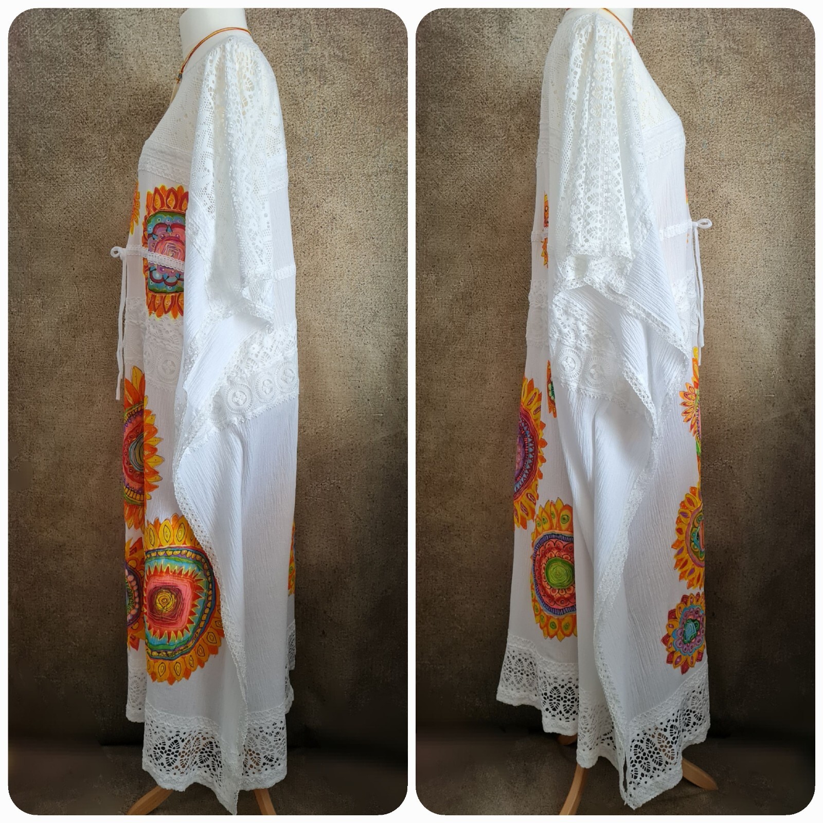 Bespoke Hand Painted Signed White Mandala Kaftan Party Holiday Beach Dress