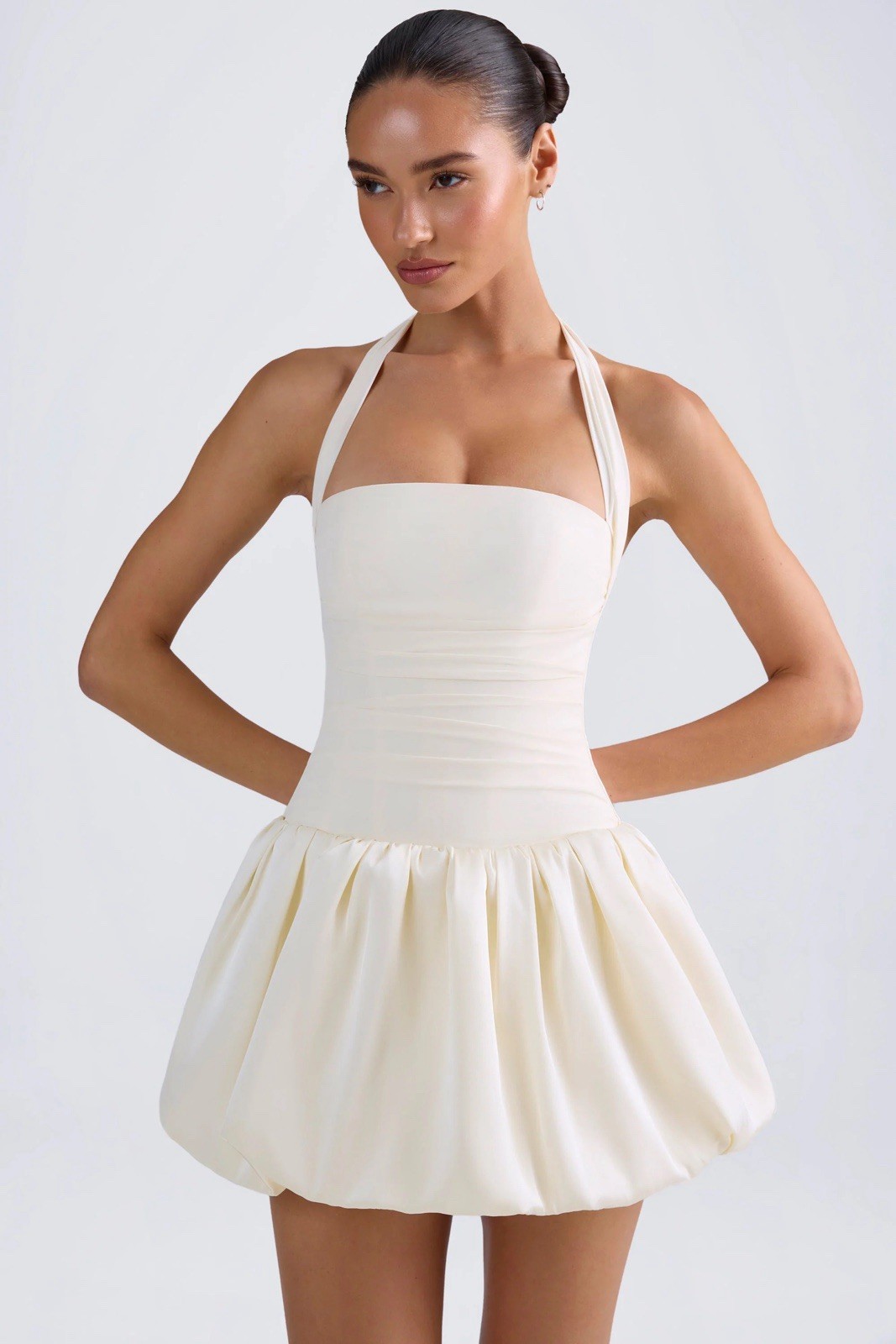 Oh Polly Ivory Halter Bubble Hem Mini Dress Open Back Lace-Up Bow Lace Sz 6