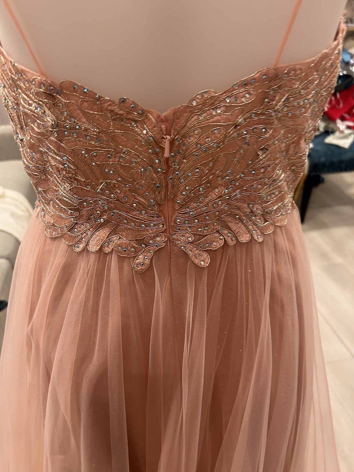 Cinderella Divine Blush Tulle Beaded Sequin Ball Gown V-Neck Zip, Size 6