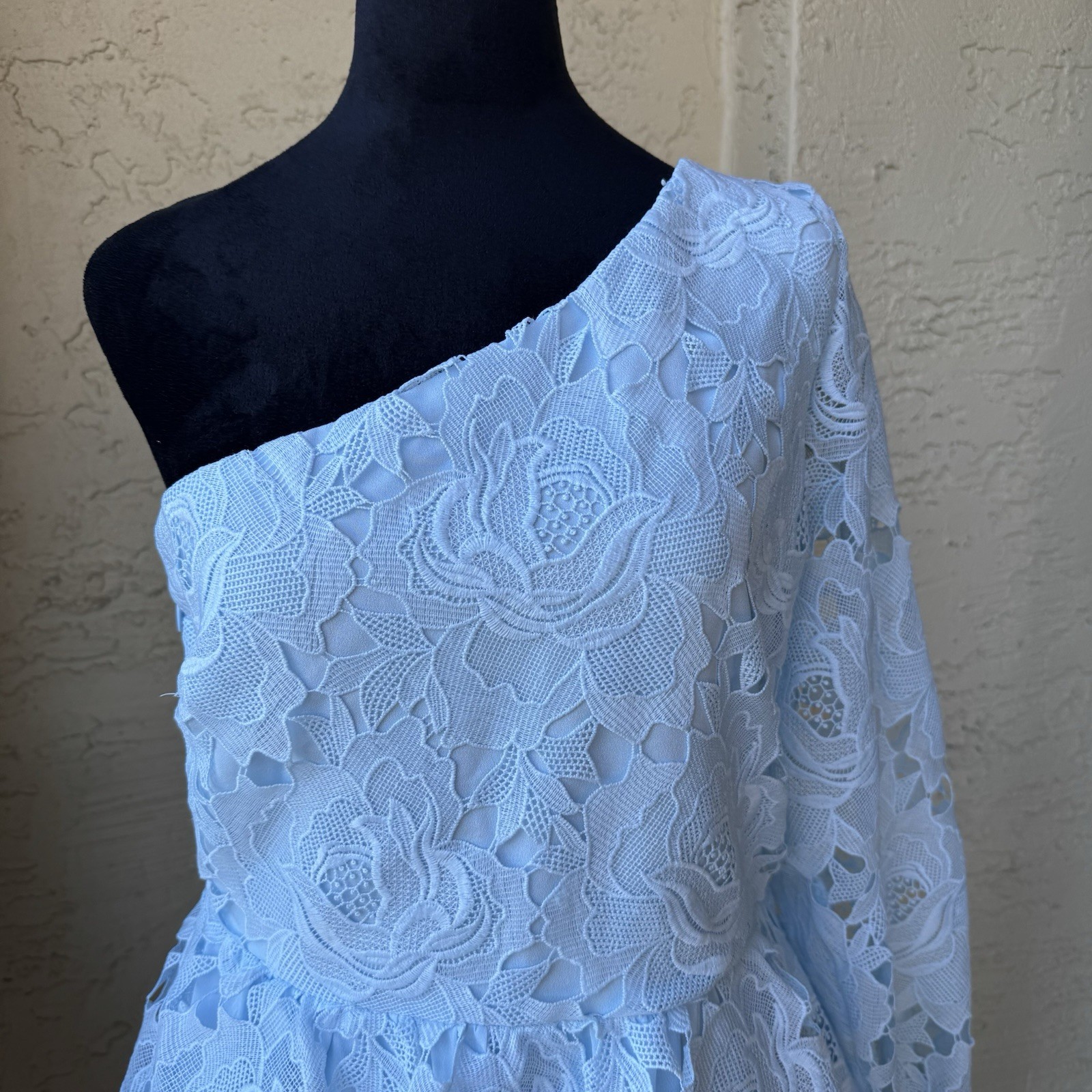 NWT Layered With Love One Sleeve Dress Sz M in Blue Sky Lace Above Knee