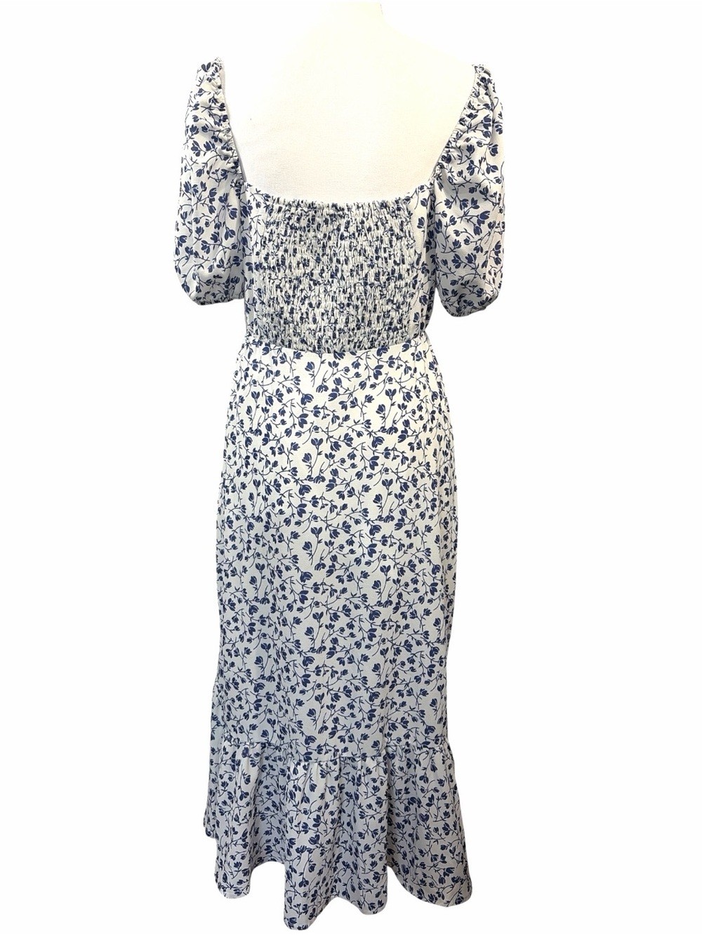 Commense Blue Square Neck Puff Sleeve Floral Cloud Midi A-Line Dress Size Large