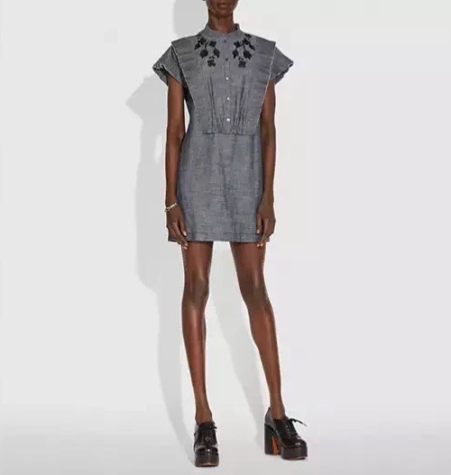 Coach Lightweight Cotton Chambray Shift Dress with Ruffles Size 6 Designer!
