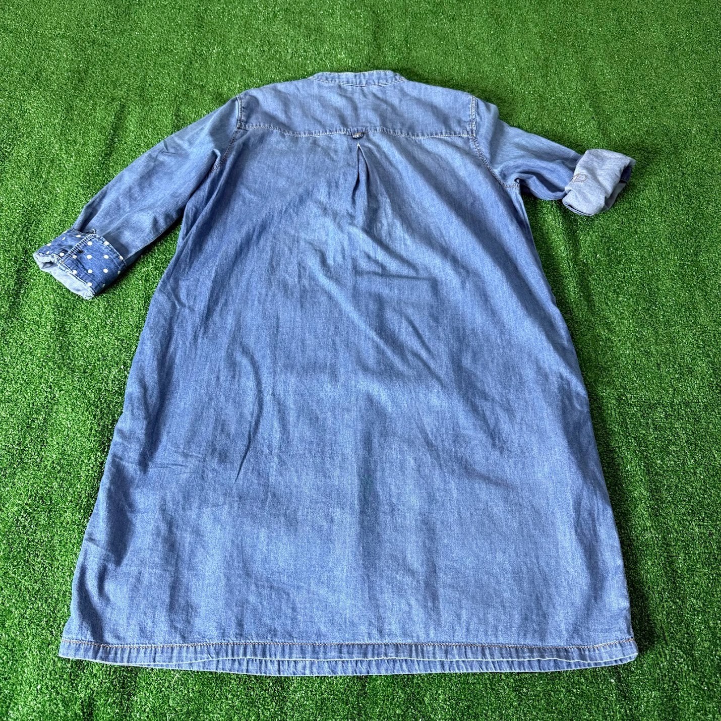 Osborne Chambray Shirt Dress Roll-Tab Sleeve Contrast Cuffs Band Collar Size L