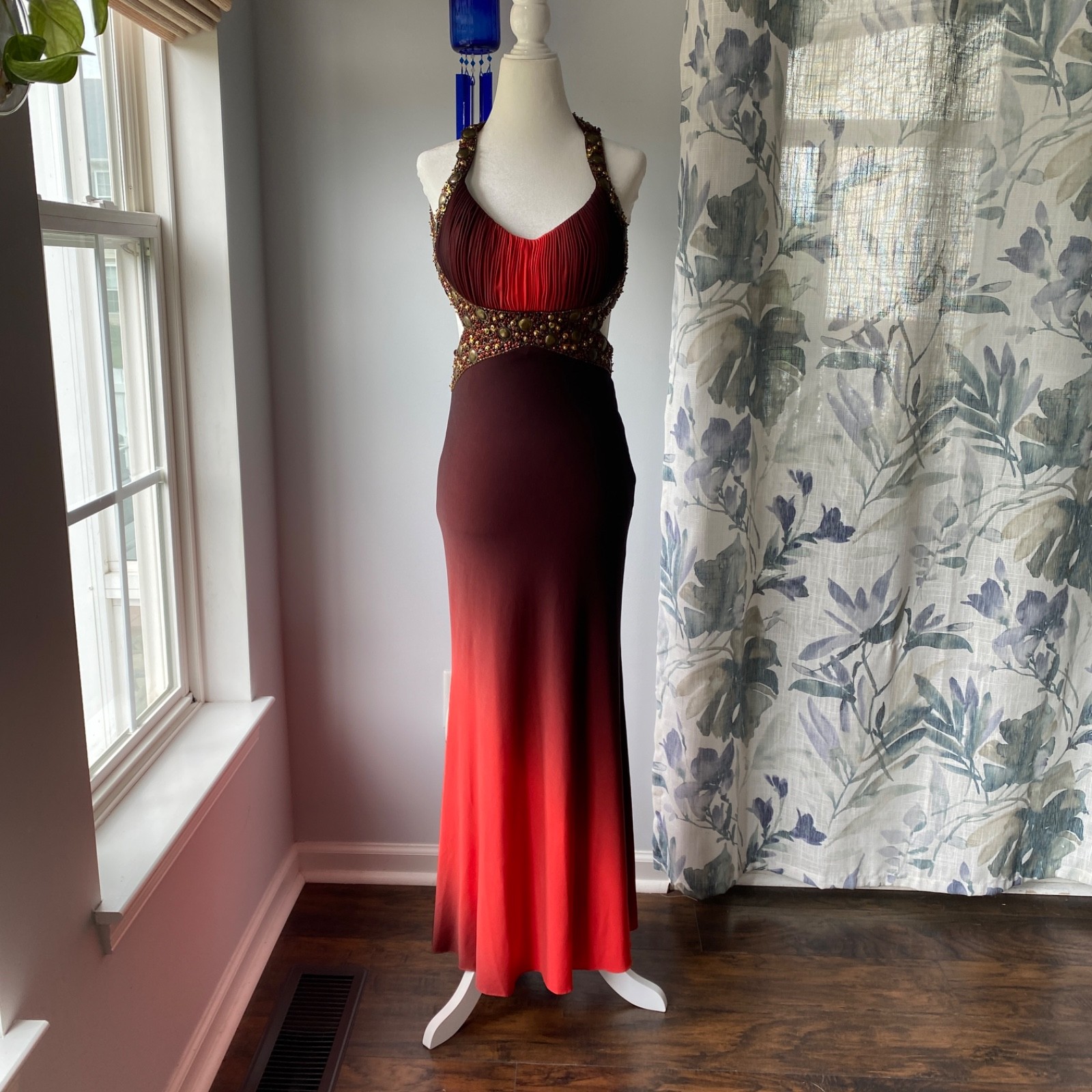 Y2K Ombre Beaded Mesh Maxi Prom Dress Gothic Vampire Formal Evening Gown Sz 2