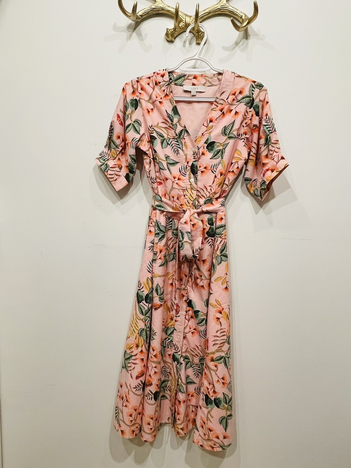 ANN TAYLOR LOFT LEAFED DOBBY STRIPE MIDI TROPICAL FLORAL SHIRTDRESS DRESS SZ 00